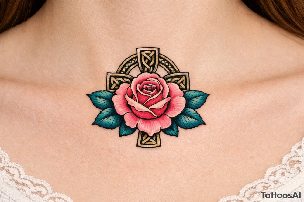 Pink rose , petrol leaves no stem, Celtic cross behind it tattoo idea
