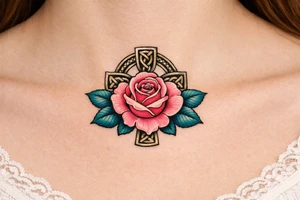 Pink rose , petrol leaves no stem, Celtic cross behind it tattoo idea