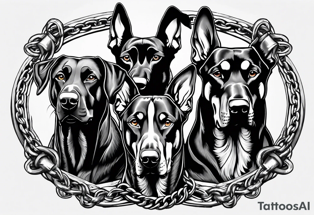 the chain is stretched, there are three angry barking Dobermans in it tattoo idea