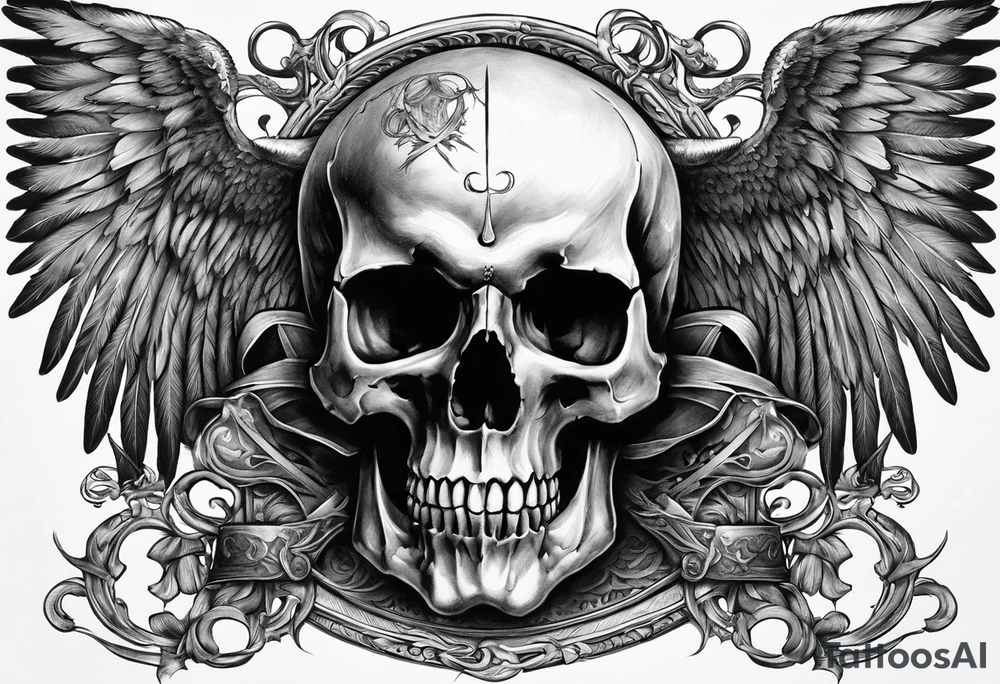 In the center is a half skull pierced by a large sword. On either side of the skull, there are spread angel wings, Beneath the skull is a ribbon weaves through both the skull and the sword tattoo idea