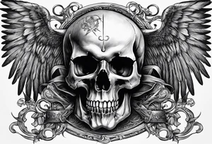 In the center is a half skull pierced by a large sword. On either side of the skull, there are spread angel wings, Beneath the skull is a ribbon weaves through both the skull and the sword tattoo idea