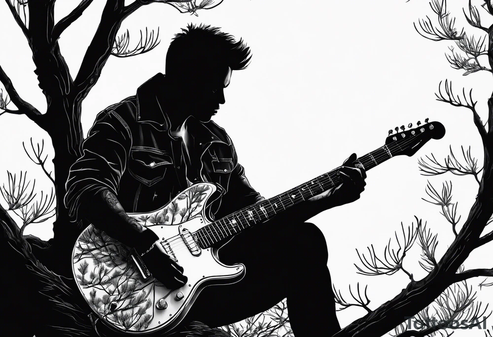 silhouette of a man sitting in a pine tree playing electric guitar tattoo idea