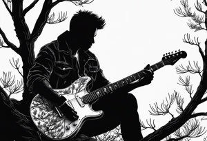 silhouette of a man sitting in a pine tree playing electric guitar tattoo idea
