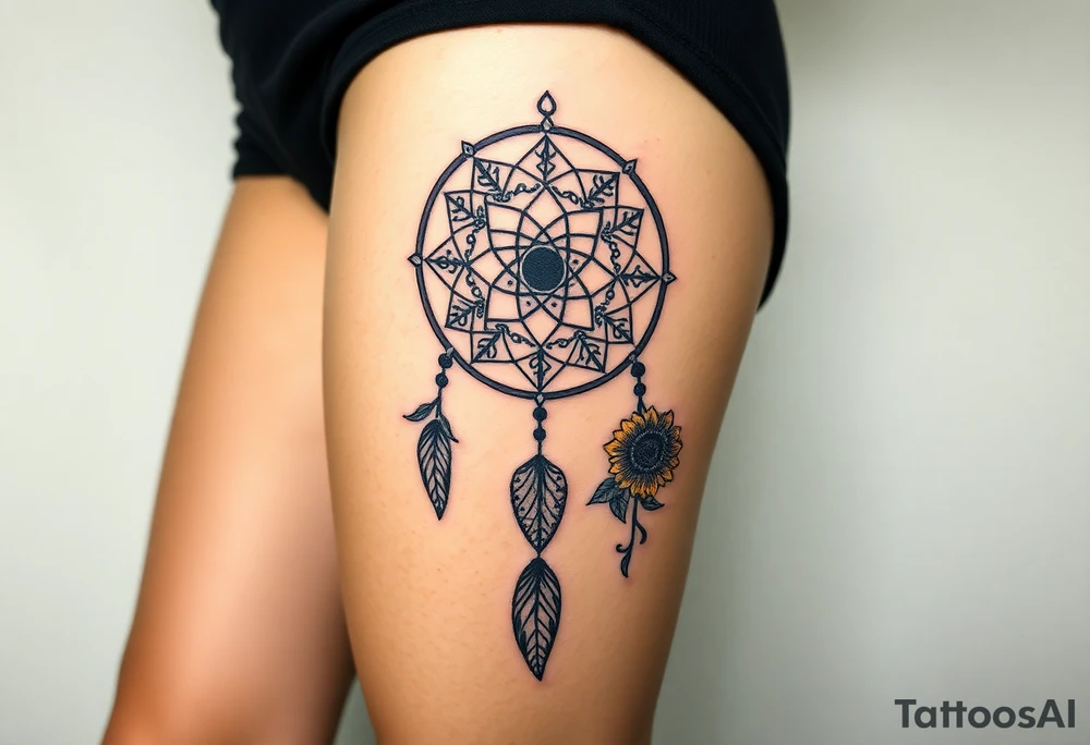 Dreamcatcher with zodiac symbols and protection runes caught in it with tigerlillies roses and sunflowers tattoo idea