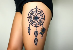 Dreamcatcher with zodiac symbols and protection runes caught in it with tigerlillies roses and sunflowers tattoo idea