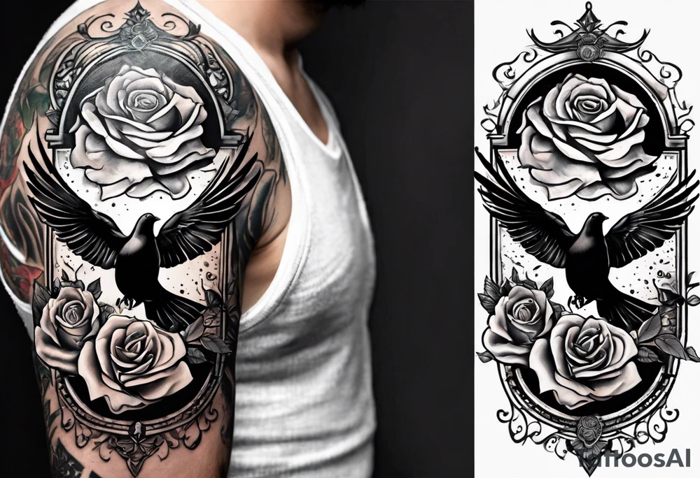 in the background at the top, a dove with rays of light;
in the central part, a skull and an hourglass;
at the bottom, a rose tattoo idea