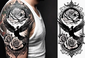 in the background at the top, a dove with rays of light;
in the central part, a skull and an hourglass;
at the bottom, a rose tattoo idea