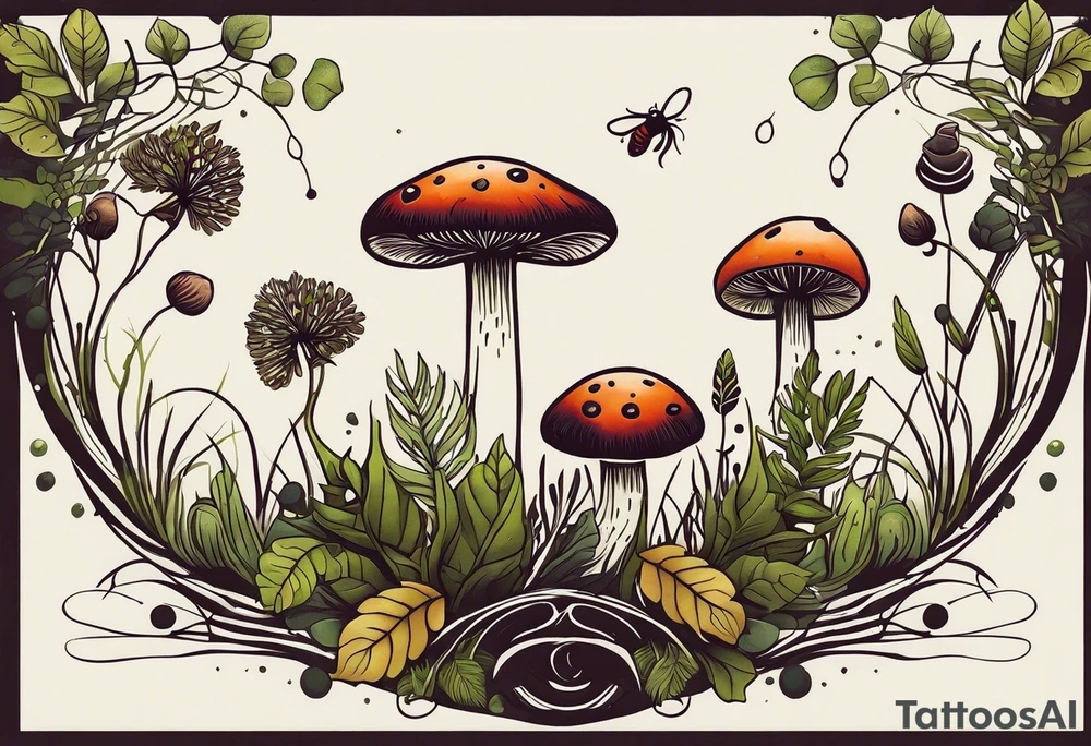 minimalistic forest floor inspired tattoo, which includes grass, moss, curly ferns and dead leaves as the bulk of the tattoo. details to include: forest berries, couple of very small brown mushrooms, a tiny bumblebee flying nearby tattoo idea