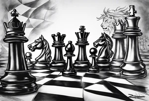 chess pieces falling down but the king remains on sold ground tattoo idea