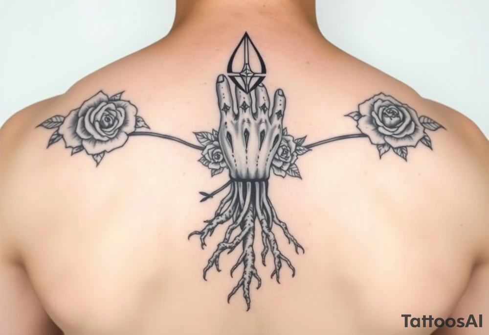 Gods hand, squid knight with roses and tree roots tattoo idea