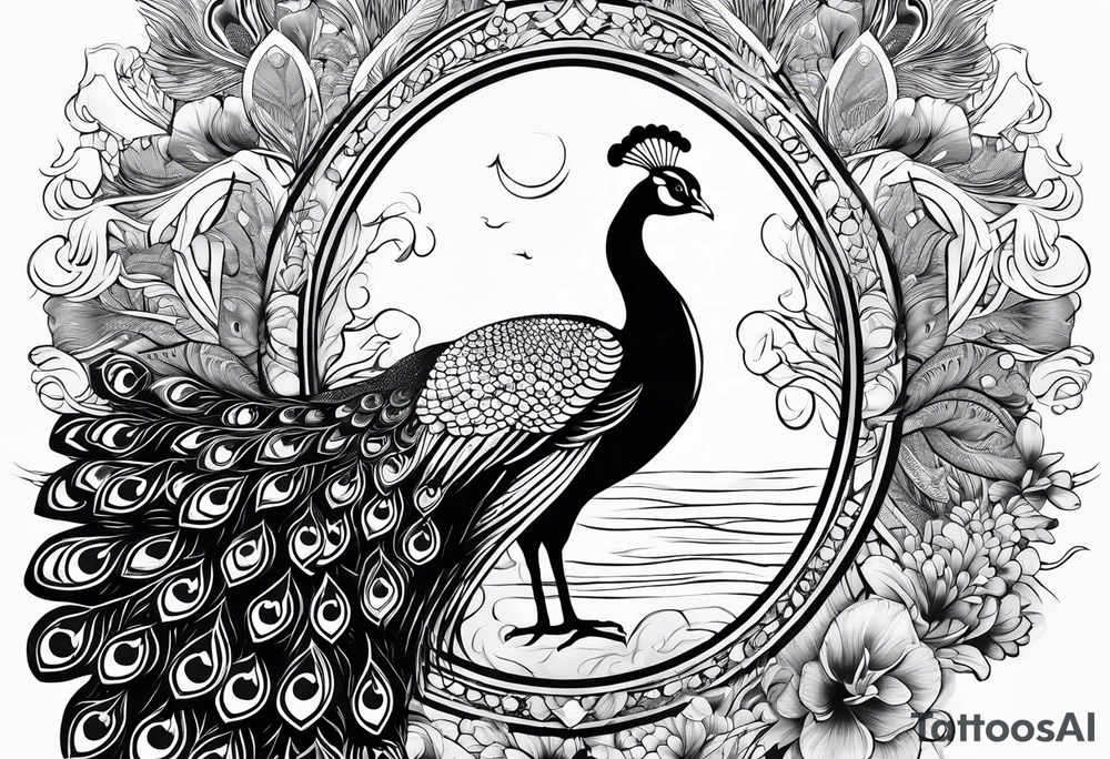peacock along side a flowing  long river with oshun sitting at the end of it tattoo idea