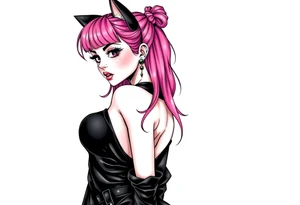 hot goth girl with puppy ears and with piercings on face and big boobs and big butt full body 
 with black outfit on with pink hair tattoo idea