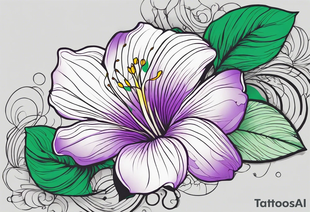 An outline of a rio dipladenia flower with a brush stroke green and purple background tattoo idea