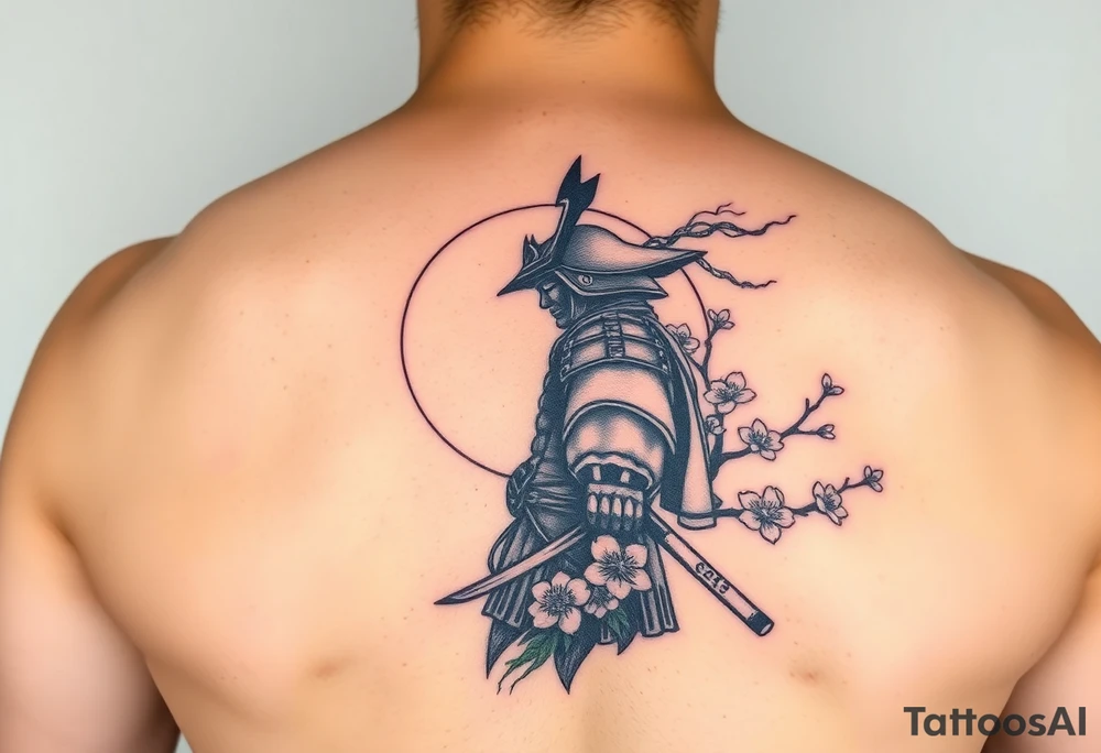 noble samurai warrior silhouette at sunset with cherry blossoms tattoo idea
