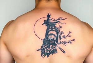 noble samurai warrior silhouette at sunset with cherry blossoms tattoo idea