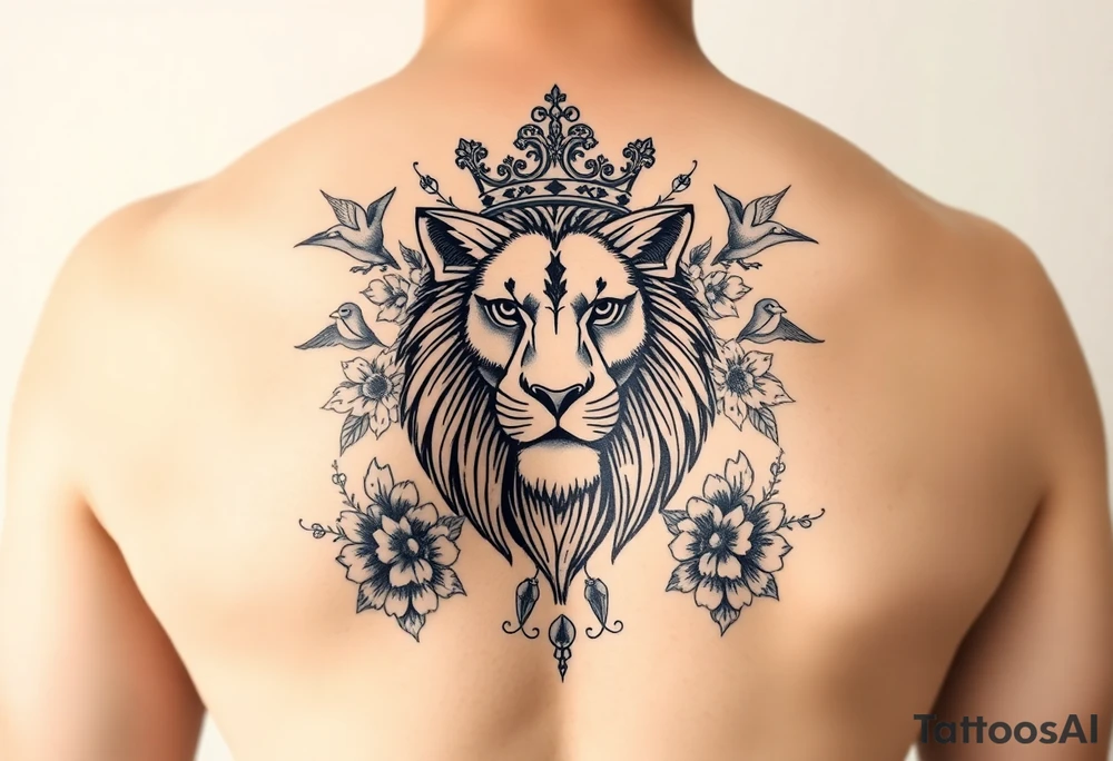 powerful majestic lion with a crown, surrounded by floral ornaments and birds tattoo idea
