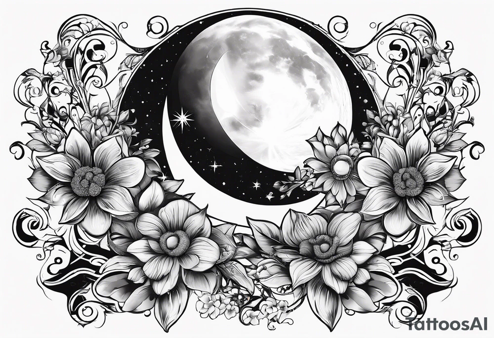 A eternal love flower, name “Samson” in cursive, with moon phases and stars tattoo idea