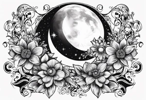 A eternal love flower, name “Samson” in cursive, with moon phases and stars tattoo idea