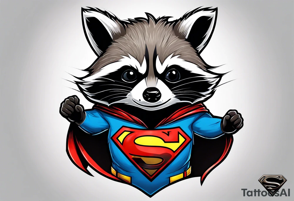 raccoon wearing a Superman hoodie tattoo idea