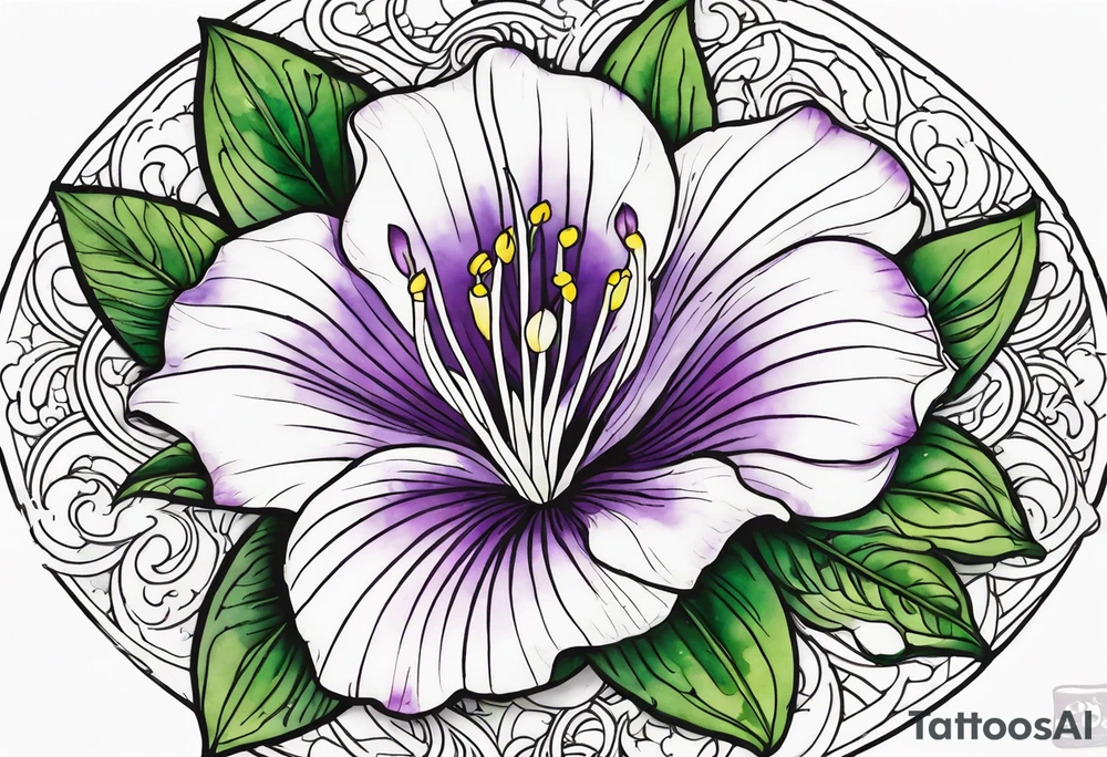 An outline of a rio dipladenia flower with a green and purple watercolor mix in the background tattoo idea