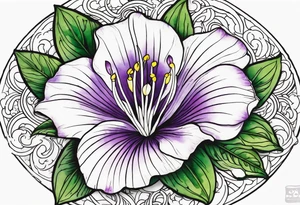 An outline of a rio dipladenia flower with a green and purple watercolor mix in the background tattoo idea