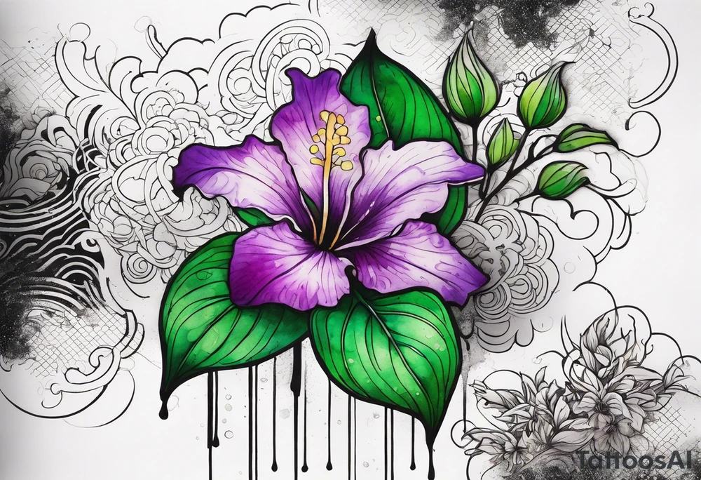 A mystical outline of a green and purple rio dipladenia flower and a green and purple watercolor splash in the background tattoo idea