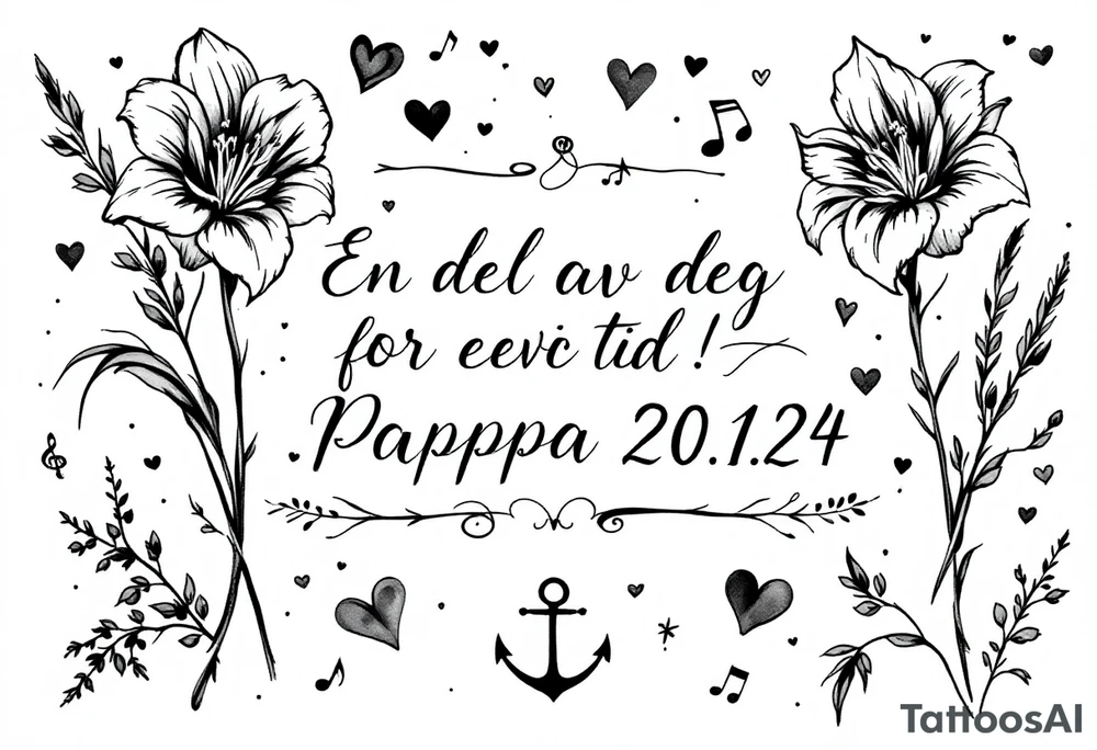 «En del av deg for evig tid!
Pappa 20.12.24» Surrounded by long gladiolus, hearts, notes and an anchor. tattoo idea