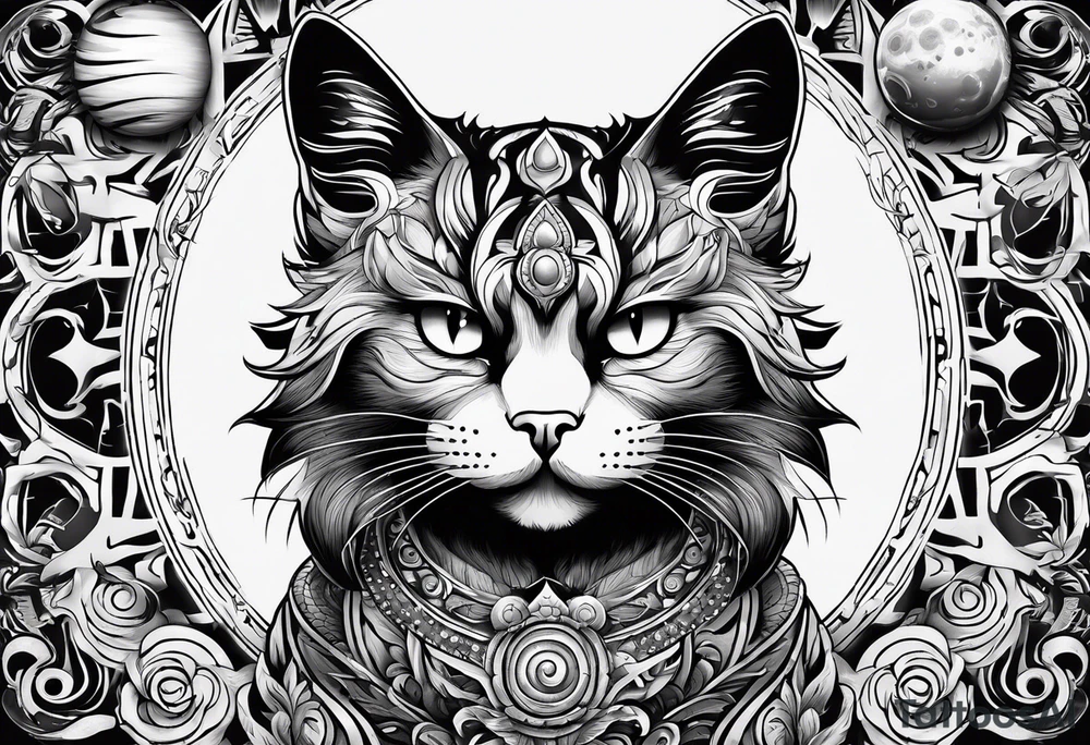 cat with an angry face surrounded by  planets tattoo idea