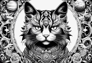 cat with an angry face surrounded by  planets tattoo idea