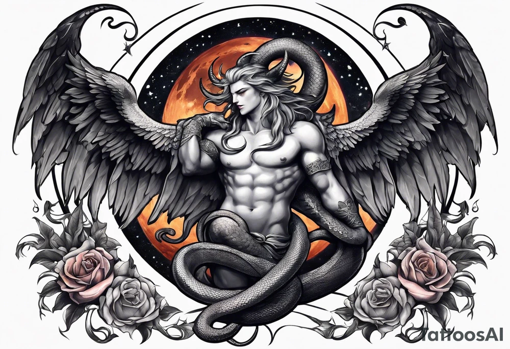 Devil in form of half snake half male angel surround the moon in the night sky tattoo idea