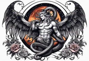 Devil in form of half snake half male angel surround the moon in the night sky tattoo idea