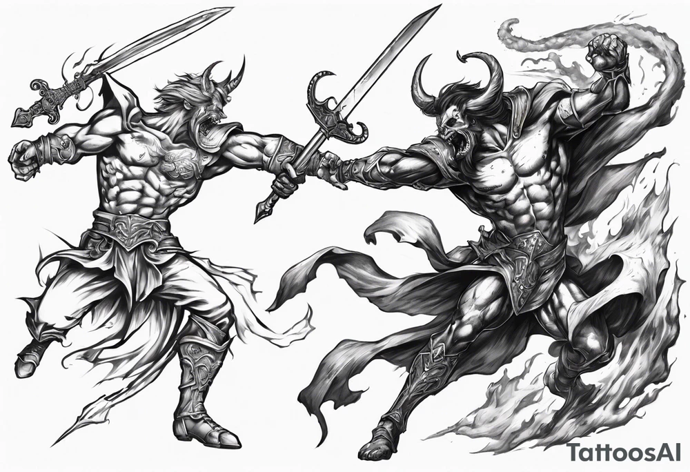 A Paladin in mid-air with his sword and a demon on the other side about to collide with each other in battle. tattoo idea