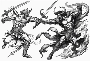 A Paladin in mid-air with his sword and a demon on the other side about to collide with each other in battle. tattoo idea