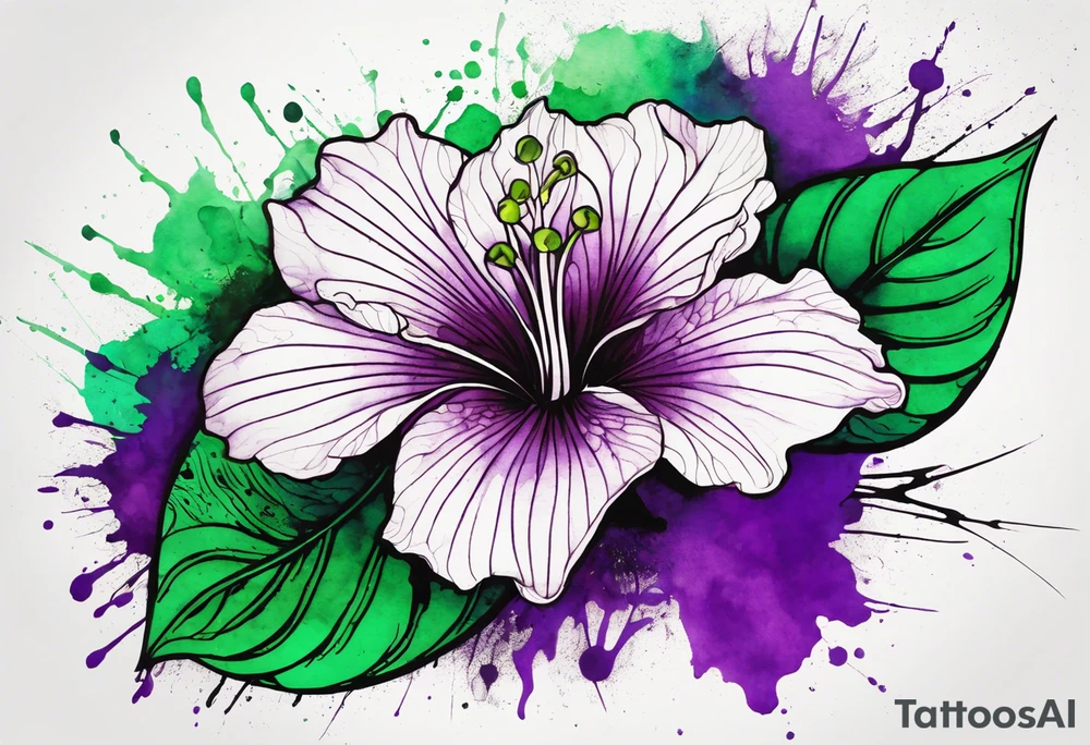 A mystical outline of a green and purple rio dipladenia flower and a green and purple watercolor splash in the background tattoo idea