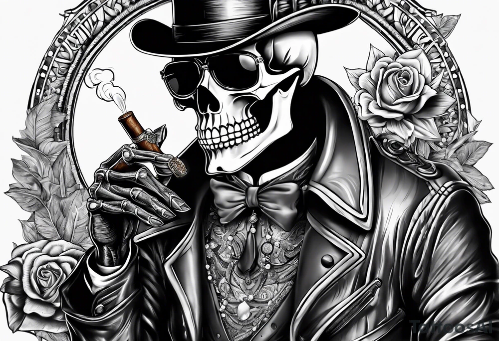 skeleton smoking cigar with poker chips tattoo idea