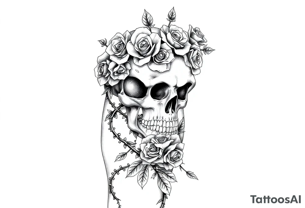 gothic skull intertwined with climbing roses and thorny vines tattoo idea