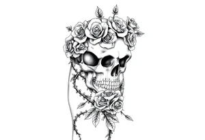 gothic skull intertwined with climbing roses and thorny vines tattoo idea