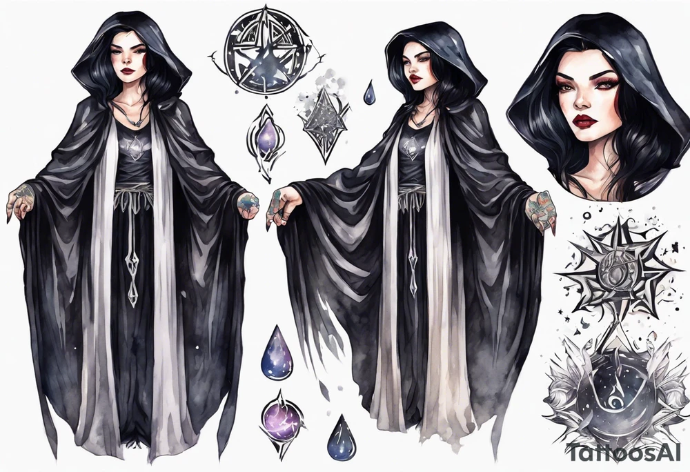 a beautiful sorceress with black hair dressed in a black cloak tattoo idea