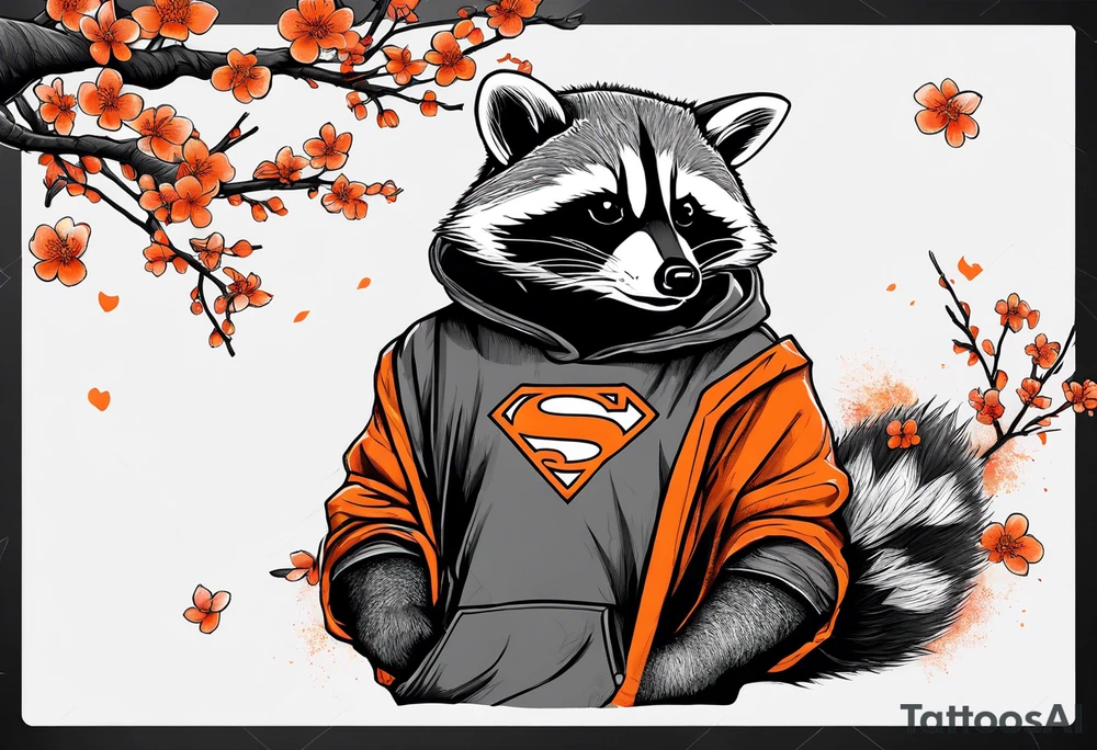 raccoon wearing a black and white Superman hoodie and orange Japanese cherry blossoms tattoo idea