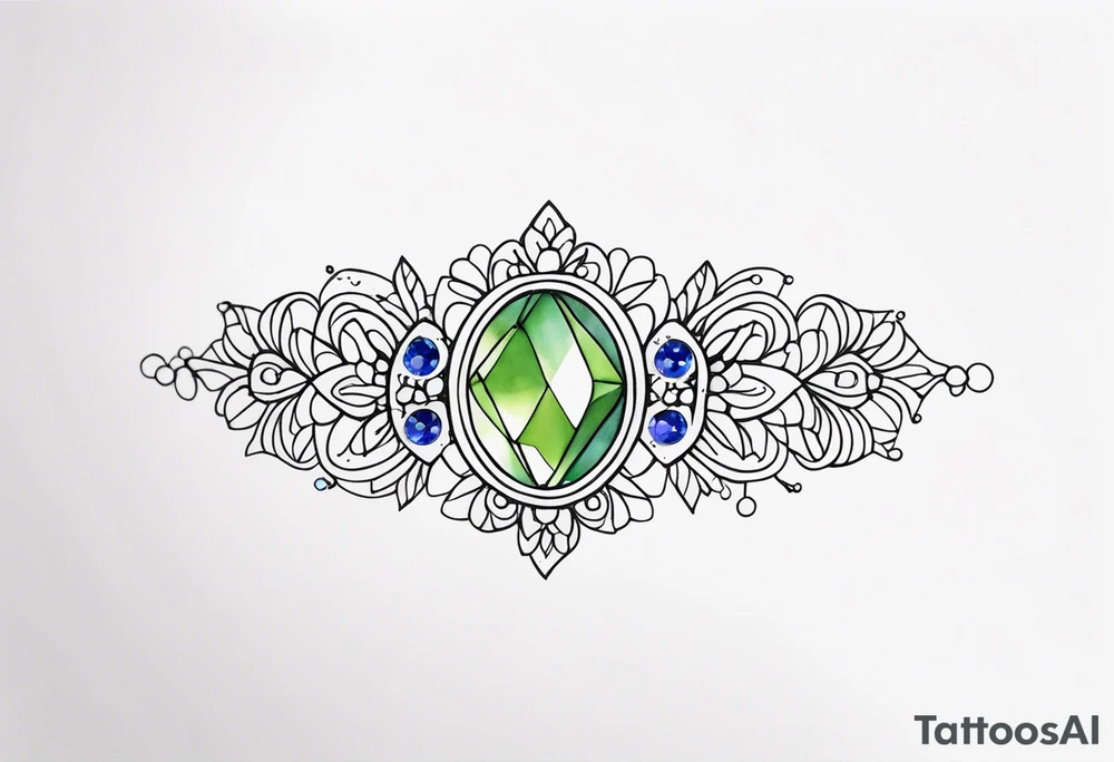 Delicate but strong garter tattoo band with sprinkles of stars and the amethyst, blue sapphire and peridot birthstones tattoo idea