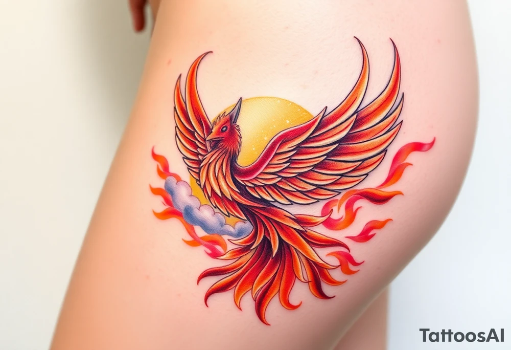 magnificent  phoenix rising from flames with trailing embers  and golden sunset and sky with puffy clouds and heaven backdrop pinks reds orange and yellows and golds with sparkles tattoo idea