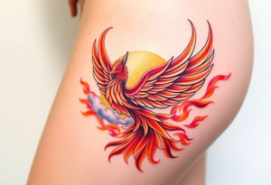 magnificent  phoenix rising from flames with trailing embers  and golden sunset and sky with puffy clouds and heaven backdrop pinks reds orange and yellows and golds with sparkles tattoo idea
