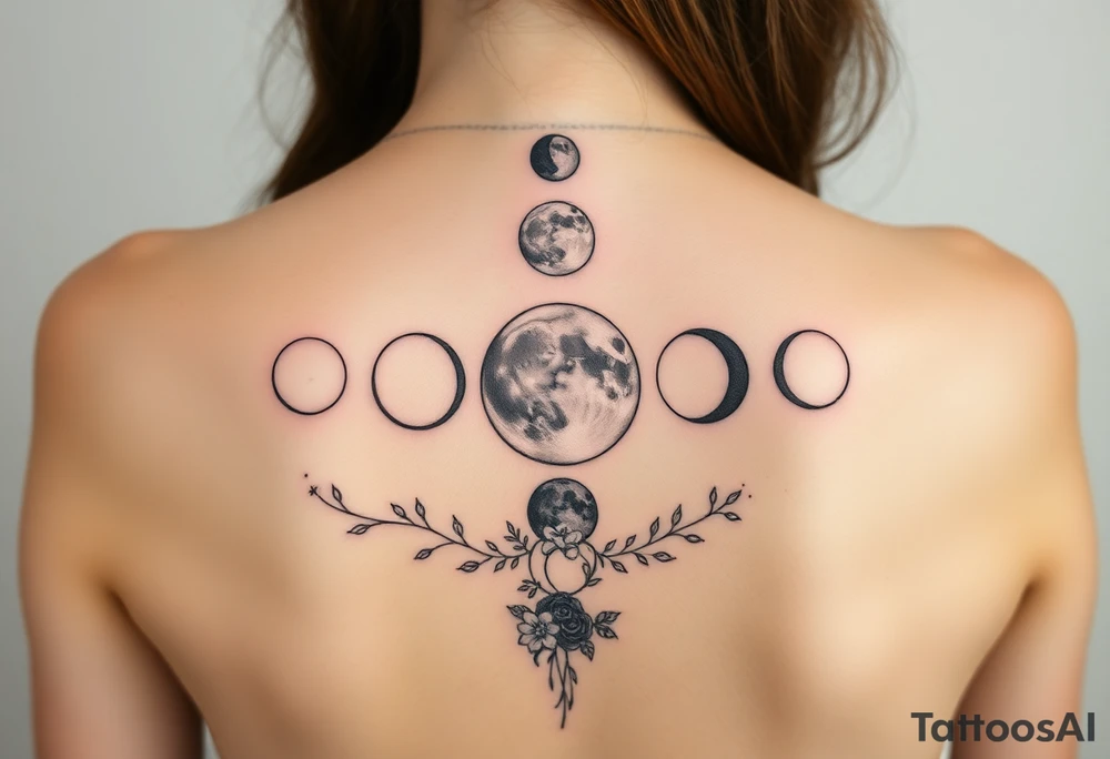 new moon, waxing crescent, first quarter, waxing gibbous, full moon, waning gibbous, third quarter, and waning crescent detailed down the spine details on the moon. With vines and stars and flowers along the sides down beside the phases of the moon tattoo idea