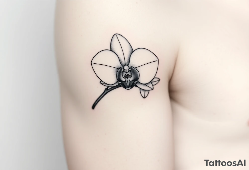 A delicate, black and white fine-line tattoo for make, featuring a gracefully detailed orchid stem with two flowers in full bloom, with soft, intricate petals and elegant curves tattoo idea