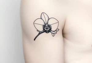 A delicate, black and white fine-line tattoo for make, featuring a gracefully detailed orchid stem with two flowers in full bloom, with soft, intricate petals and elegant curves tattoo idea