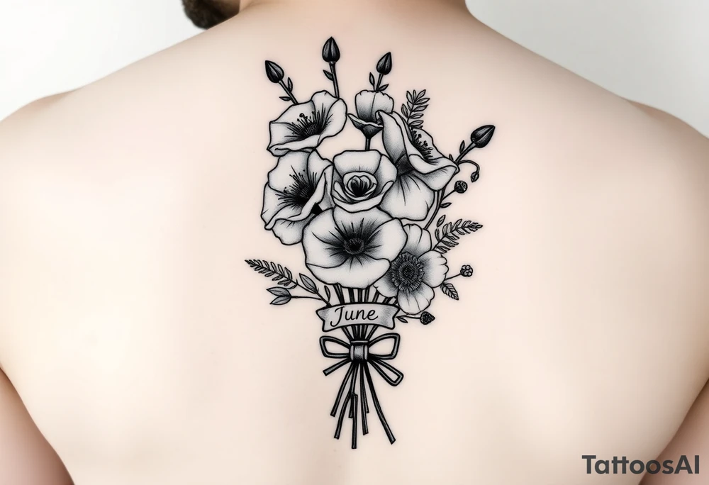 6 inches tall by 4 inches wide approximately, black and white tattoo with a bouquet of hollyhocks, one wild rose, and two wild flowers, put a stethoscope along side seperately from and include the name June Etta, Roxy, and Rosalie among the flowers , make the tattoo taller than it is wide, make the bouquet have a ribbon bow towards the bottom holding the flowers like they had just been picked from the garden tattoo idea