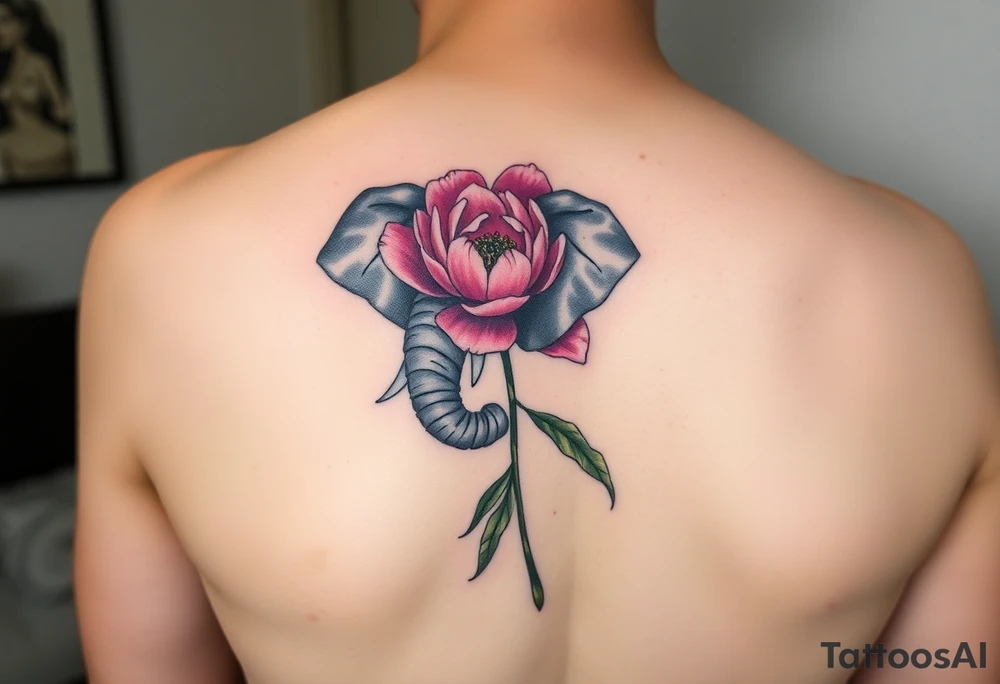 elephant holding pink peony tattoo idea