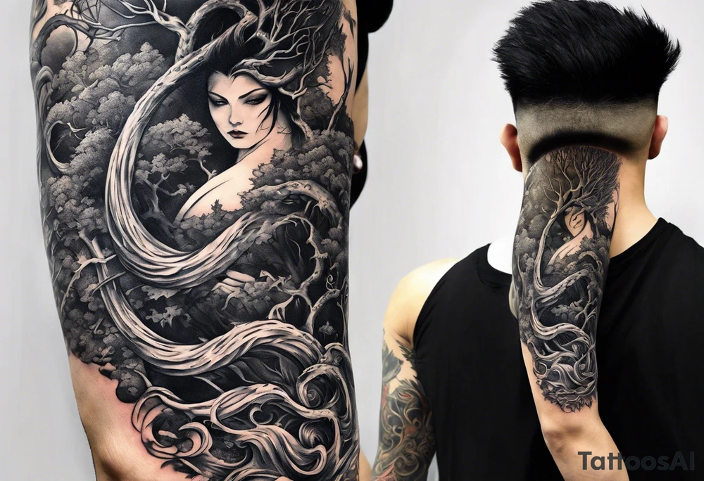 Full arm sleeve, tree going up to shoulder dead tree going down to wrist, wrapped in a serpent moving down with demon elements tattoo idea