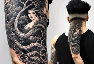Full arm sleeve, tree going up to shoulder dead tree going down to wrist, wrapped in a serpent moving down with demon elements tattoo idea