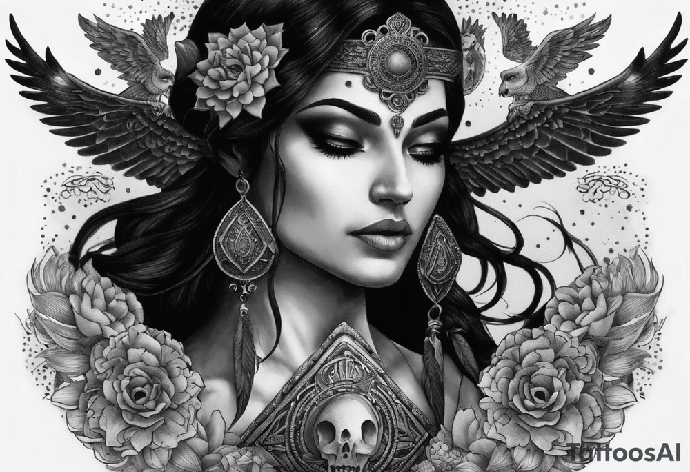 black kali, goddess pirate, alien, angel, pachamama, valkrye, warrior, flying, skull, lotus azul, wing, eagle, zenza resonance, stars, 5D, anahata chakra, death, durga, riding on a tiger, flying lady, chest tatoo tattoo idea